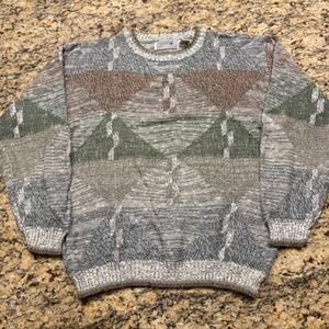 Vintage Method Mens Geometric Abstract Knit Sweater Earth Tone Crewneck XL v